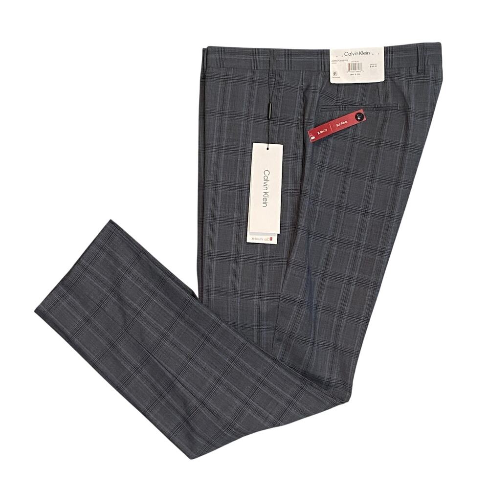 Calvin Klein Suit Pants Men's 38"x32" Slim Fit Wool Blend Grey & Blue Plaid NEW